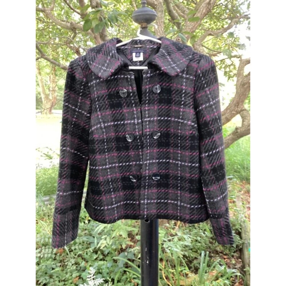Tommy Hilfiger Black & Pink Plaid Double Breasted Wool Pea Coat Size Small